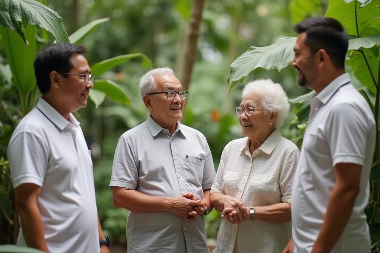 Founders speaking with an elderly couple in a Singapore community garden